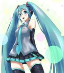  aqua_eyes aqua_hair bare_shoulders blush detached_sleeves hair_ornament hatsune_miku headset highres long_hair looking_at_viewer necktie open_mouth ryuusama smile solo thighhighs twintails very_long_hair vocaloid 