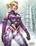  absurdres blonde_hair bodysuit breasts elbow_gloves gloves green_eyes highres long_hair medium_breasts nina_williams official_art ponytail purple_bodysuit solo tekken tekken_tag_tournament_2 watermark yamashita_shun'ya 