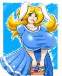  basket big_breasts blonde_hair blue_eyes breasts dress egg female hair huge_breasts lagomorph mammal rabbit speeds 