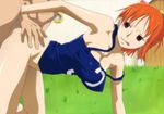  1girl bare_shoulders bent_over bouncing_breasts breasts cleavage clothed_sex doggystyle erect_nipples grass hanging_breasts highres kyabakurabakufu large_breasts looking_back nami nami_(one_piece) naughty_face no_bra no_panties one_piece orange_hair pirate red_eyes sex short_hair smile tongue tongue_out vaginal 