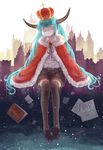  absurdres aqua_hair belt book cape closed_eyes crown hatsune_miku highres horns long_hair paper pencil shorts sitting solo the_beast_(vocaloid) thighhighs tony_zhazha twintails very_long_hair vocaloid 