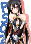  1girl black_hair blush breasts cleavage copyright_name highres long_hair phantasy_star phantasy_star_online_2 pointy_ears red_eyes sumeragi_tomo 