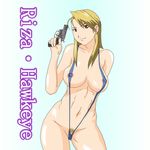  1girl areolae arms_up blonde_hair breasts brown_eyes censored character_name earrings female fullmetal_alchemist gun highres jewelry kiro_kiiro looking_at_viewer navel nipples pointless_censoring pubic_hair riza_hawkeye short_hair simple_background sling_bikini smile solo standing swimsuit weapon white_background 