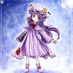  book crescent dress hat long_hair nanashii_(soregasisan) patchouli_knowledge purple_eyes purple_hair ribbon smile solo standing touhou 