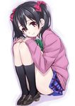  bad_id bad_pixiv_id black_hair black_legwear blush bow cardigan hair_bow hands_on_own_knees kneehighs loafers long_hair looking_at_viewer love_live! love_live!_school_idol_project matsuryuu otonokizaka_school_uniform plaid plaid_skirt red_eyes school_uniform shoes skirt smile solo twintails yazawa_nico 