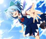  blue_eyes blue_hair bow cirno do_(4-rt) dress hair_bow highres ice ice_wings looking_at_viewer open_mouth outstretched_hand short_hair smile solo touhou wings 