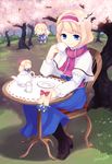  alice_margatroid blonde_hair blue_eyes blush bow capelet doll dress drinking hair_bow hairband himaya long_hair ribbon short_hair sitting smile table tea touhou tree 