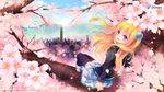  aizawa_hikaru aqua_eyes blonde_hair blue_eyes blush boots cherry_blossom cherry_blossoms city cloud clouds female flower flowers happy highres long_hair microsoft os-tan petals seifuku shinia skirt sky solo thighhighs tree 