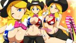  ;) american_flag_bikini bikini bikini_top blonde_hair blown_kiss blue_eyes blush bow bowtie breasts cane cleavage danball_senki flag_print freckles groin hairu hand_on_hip hat heart highres jessica_kaios large_breasts leg_up looking_at_viewer lowleg lowleg_pants navel one_eye_closed pants smile star striped swimsuit twintails wrist_cuffs 