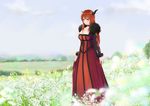  blurry breasts choker cleavage depth_of_field dress fake_horns field flower flower_field fur_trim horns large_breasts long_hair maou_(maoyuu) maoyuu_maou_yuusha red_eyes red_hair solo zoom_(artist) 