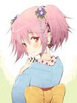  alternate_costume blush fingers_together flower hair_flower hair_ornament japanese_clothes kaname_madoka kimono komi_zumiko long_sleeves looking_at_viewer looking_back mahou_shoujo_madoka_magica pink_hair red_eyes sash smile solo twintails 