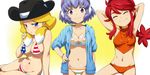  :t american_flag_bikini arms_behind_head bikini blonde_hair blue_eyes blush breasts cleavage closed_eyes danball_senki earmuffs flag_print groin hairu hanasaki_ran hand_on_hip hat hood hoodie jessica_kaios kawamura_ami looking_at_viewer medium_breasts midriff multiple_girls navel ponytail purple_eyes purple_hair red_hair smile striped striped_swimsuit swimsuit twintails underboob 