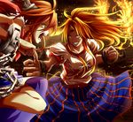  battle blonde_hair breasts chain clenched_hand cuffs duel embers eyelashes fangs fighting_stance fingernails fire grin highres horn horns hoshiguma_yuugi ibuki_suika koji_(koji-a) large_breasts leg_up long_hair molten_rock multiple_girls oni open_mouth orange_hair red_eyes shackles sharp_fingernails shirt skirt sleeveless sleeveless_shirt smile star touhou tsurime 