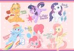  applejack balloon bird blue_eyes bug butterfly character_name cloud commentary_request cutie_mark diamond_(shape) english fluttershy food fruit green_eyes grin highres insect kamijou_shoutarou multicolored multicolored_tail my_little_pony my_little_pony_friendship_is_magic no_humans open_mouth pegasus pinkie_pie pony purple_eyes rainbow rainbow_dash rarity red_eyes smile tail twilight_sparkle unicorn 