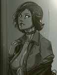  bioshock bioshock_infinite breasts choker elizabeth_(bioshock_infinite) ganassa highres large_breasts lips monochrome necktie no_bra nose off_shoulder open_clothes open_shirt shirt short_hair solo undone_necktie 