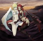  2girls angel angel_and_devil arm_support bare_legs bare_shoulders barefoot blonde_hair blue_eyes devil duo jewelry long_hair looking_at_viewer multiple_girls necklace original red_eyes red_hair sarashi sitting smile tyappygain wings 