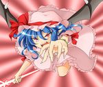  bat_wings blue_hair chain colorized fangs hat highres pointy_ears polearm red_eyes remilia_scarlet slit_pupils solo spear tennenmoe touhou weapon wings 