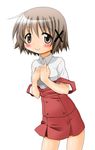  blush brown_eyes brown_hair hair_ornament hidamari_sketch highres school_uniform short_hair simple_background smile solo white_background x_hair_ornament yoshitani_motoka yuno 