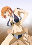  1girl bare_shoulders bikini breasts cleavage girl_on_top highres jewelry kyabakurabakufu large_breasts legs lying nami nami_(one_piece) navel necklace one_piece open_mouth orange_hair pirate red_eyes short_hair sitting sitting_on_person swimsuit tattoo thighs tongue tongue_out 