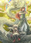  beret chinese_clothes cloud dragon eastern_dragon hat hong_meiling long_hair long_skirt multiple_girls pants rainbow red_footwear remilia_scarlet salute shoes short_hair skirt touhou yagimiwa 