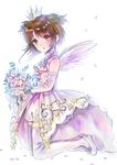  bare_shoulders blush bouquet brown_hair cardcaptor_sakura commentary_request crown dress elbow_gloves flower full_body gloves green_eyes hanekoto hat highres kinomoto_sakura kneeling magical_girl open_mouth short_hair short_twintails solo thighhighs twintails wedding_dress wings 