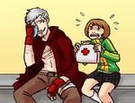  1girl bandaid banned_artist brown_eyes brown_hair cape dani_grew facial_hair fingerless_gloves first_aid gloves houndstooth jacket persona persona_3 persona_4 persona_4:_the_ultimate_in_mayonaka_arena sanada_akihiko satonaka_chie shirtless short_hair stubble sweatdrop track_jacket 