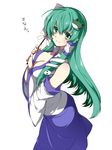  blush breasts cleavage detached_sleeves frog_hair_ornament gohei green_eyes green_hair hair_ornament kochiya_sanae large_breasts long_hair looking_at_viewer simple_background smile snake_hair_ornament solo takatsuki_ichi touhou white_background 