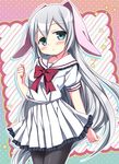  animal_ears aqua_eyes black_legwear blush bunny_ears clenched_hand long_hair nagayama_yuunon original pantyhose school_uniform silver_hair solo very_long_hair 