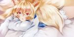  animal_ears bad_id bad_pixiv_id bed blonde_hair fox_ears fox_tail hat hat_removed headwear_removed looking_at_viewer lying on_stomach pillow short_hair solo surumeri_(baneiro) tail touhou yakumo_ran yellow_eyes 