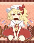  ascot between_legs blonde_hair blush bow chocolate chocolate_heart fang flandre_scarlet hand_between_legs hat heart highres monako_(uma_speech) mouth_hold puffy_short_sleeves puffy_sleeves red_eyes short_hair short_sleeves side_ponytail skirt slit_pupils smile solo symbol_in_eye touhou v_arms valentine wings 