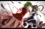  bad_id bad_pixiv_id blush feathers glowing glowing_eyes green_eyes green_hair hand_on_shoulder kazami_yuuka multiple_girls plaid plaid_skirt plaid_vest red_eyes rod_of_remorse shiki_eiki short_hair skirt skirt_set thighhighs touhou umbrella urabe_michiru vest zettai_ryouiki 