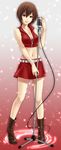  asami_(undoundo) boots breasts brown_eyes brown_hair cleavage highres medium_breasts meiko microphone microphone_stand midriff navel short_hair smile solo standing vintage_microphone vocaloid 