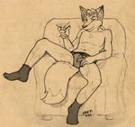  beverage briefs bulge canine fox looking_at_viewer male mammal sean_o&#039;hare sean_o'hare socks solo spread_legs spreading topless underwear 