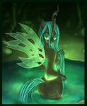  anthro anthrofied breasts butt cave changeling fangs female friendship_is_magic glowing green_eyes green_hair hair horn looking_at_viewer looking_back ms-seven0 my_little_pony nipples queen_chrysalis_(mlp) seductive side_boob solo water wings 