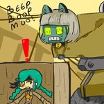  1girl annie_(skullgirls) box braid cigarette eyepatch fusion gekko_(mgs) green_hair headband hiding lowres mecha metal_gear_(series) metal_gear_solid_4 parody robo-fortune skullgirls smoking twin_braids walker xroyxfirex yellow_eyes 