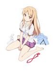  bare_legs blonde_hair highres long_hair looking_at_viewer necktie red_eyes sakura-sou_no_pet_na_kanojo school_uniform shiina_mashiro sitting skirt solo wariza 