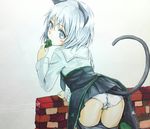  1girl animal_ears blush brick_wall cat_ears cat_tail condom from_behind grey_eyes long_sleeves mouth_hold panties pantyhose pantyhose_pull sanya_v_litvyak short_hair silver_hair solo strike_witches tail traditional_media underwear world_witches_series 