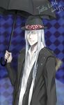  bad_id bad_pixiv_id blue_eyes gloves hat holding jacket katekyo_hitman_reborn! long_hair silver_hair smile superbi_squalo umbrella varia white_gloves 