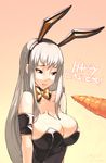  2013 animal_ears armband bare_shoulders bow bowtie breasts bunny_ears bunnysuit carrot cleavage dated detached_collar easter fake_animal_ears happy_easter highres huge_breasts junkpuyo long_hair phallic_symbol red_eyes selvaria_bles senjou_no_valkyria sexually_suggestive silver_hair solo sweatdrop very_long_hair 