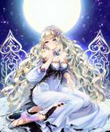  bad_id bad_pixiv_id bare_shoulders blonde_hair blue_eyes breasts cleavage dress flower full_moon hair_ornament jewelry large_breasts long_hair moon night original smile solo toi_(4089597) 