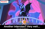  balcony black_body blue_eyes blue_hair celestias_servant_interview crescent_moon curtains cutie_mark english_text equine female feral friendship_is_magic hair helmet horn mammal moon my_little_pony nightmare_moon_(mlp) solo sun text winged_unicorn wings 