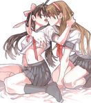  arutera bad_id bad_pixiv_id banned_artist brown_hair closed_eyes couple graphite_(medium) grey_legwear hair_grab hair_ribbon hairband highres kneehighs long_hair multiple_girls open_mouth original pleated_skirt ribbon school_uniform serafuku sitting skirt tongue tongue_out traditional_media twintails undressing very_long_hair yuri 