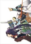  2boys akatsuki_(log_horizon) armor blue_hair cape glasses green_hair group_picture group_profile hara_kazuhiro katana lineup log_horizon long_hair multiple_boys naotsugu_(log_horizon) ponytail profile purple_hair shield shiroe short_hair staff sword weapon 