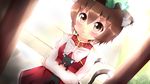  :&lt; :3 animal_ears bell bell_collar blush bow brown_eyes brown_hair cat cat_ears cat_tail chen collar dress fang hat kane-neko long_sleeves multiple_tails red_dress shirt short_hair solo tail touhou 