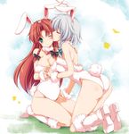  alternate_costume animal_ears ass bare_legs blush boots bow braid breasts bug bunny_ears bunny_girl bunny_tail bunnysuit butterfly cheek_licking cleavage couple detached_collar face_licking fur_trim green_eyes hair_bow highres hong_meiling insect izayoi_sakuya kemonomimi_mode large_breasts licking long_hair moneti_(daifuku) multiple_girls one_eye_closed red_hair silver_hair tail touhou twin_braids yuri 