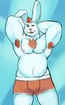  body_hair boxer-briefs boxer_briefs bulge chest_hair chubby ear_piercing horrorbuns lagomorph looking_at_viewer male mammal nipples piercing rabbit red_bottomwear solo stomach underwear 