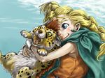  bianca blonde_hair blue_eyes borongo braid cape cat colmack dragon_quest dragon_quest_v earrings hug jewelry long_hair open_mouth smile yellow_eyes 