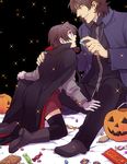  blue_eyes brown_hair candy cape child cross cross_necklace fate/stay_night fate/zero fate_(series) food halloween jack-o'-lantern jewelry kotomine_kirei multiple_boys nano_(veek) necklace pumpkin time_paradox toosaka_tokiomi younger 