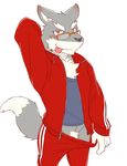  blush canine clothing eyewear glasses hair_tuft kemono looking_at_viewer male mammal plain_background red_eyes shirt smile tongue tongue_out tounge_out undressing unknown_artist white_background wolf 