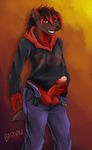  balls bastianwolf black_nose clothed clothing erection front grin hedgehog hoodie humanoid_penis looking_at_viewer male mammal masturbation open_pants pants penis red_eyes red_penis shirt smile solo standing uncut 